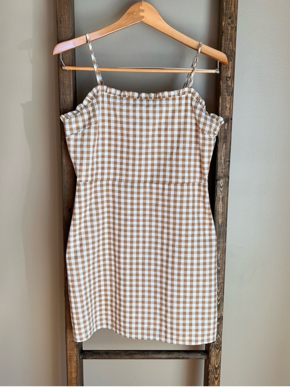 Gingham Spaghetti Strap Mini Dress - Tan & White